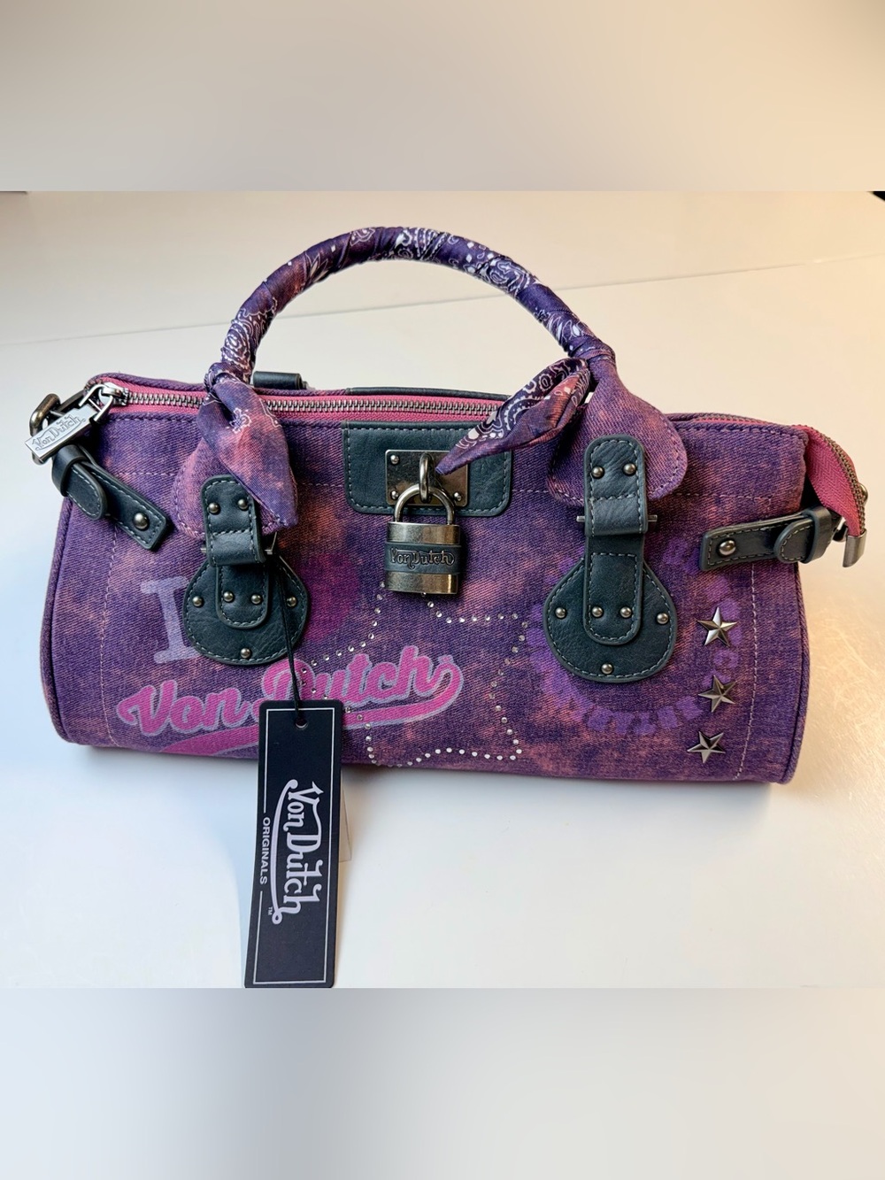 Von Dutch Bree Purple Graphic Satchel Handbag NWT Y2K
